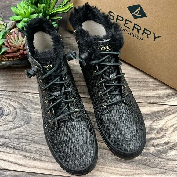NIB Sperry Crest Vibe Canvas High Top Sneaker Black Animal Print Textile - Picture 2 of 13